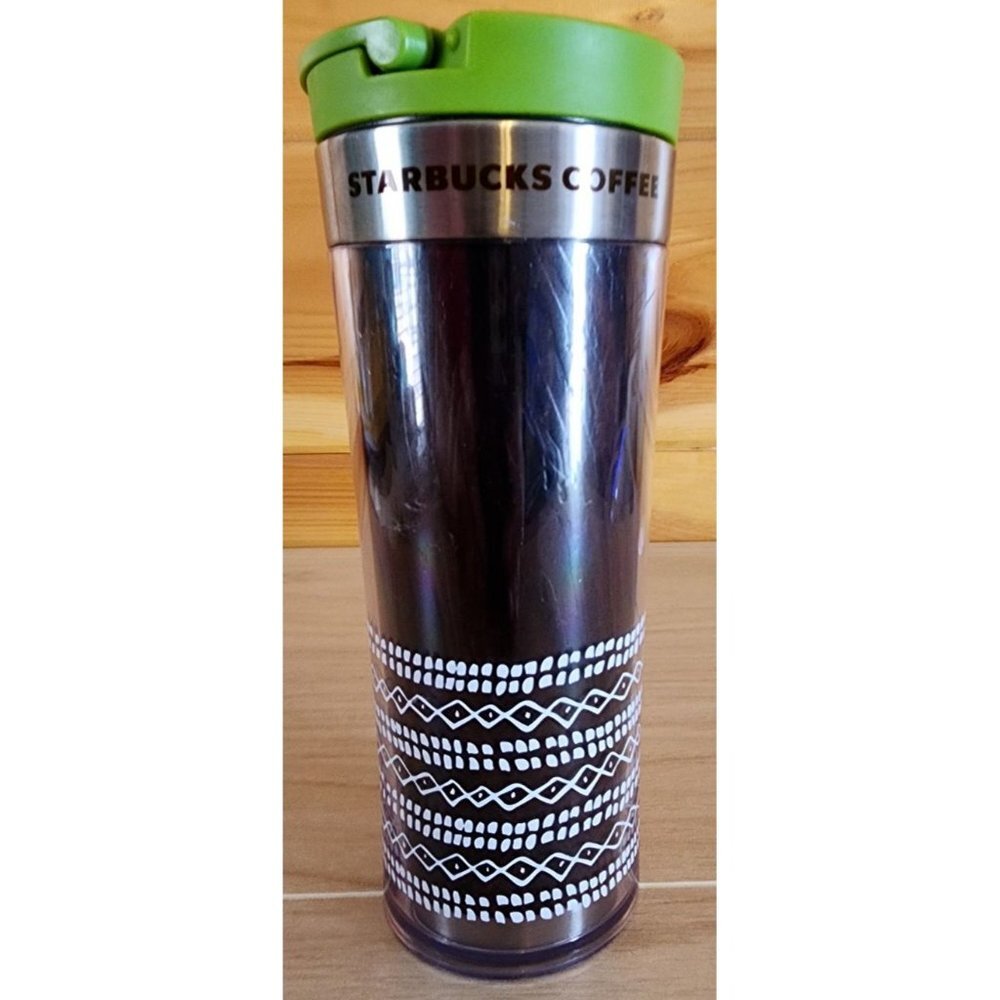 Starbucks Coffee Wood Green Tumbler 12oz Tin Flip Lid Nature Travel Mug 2009